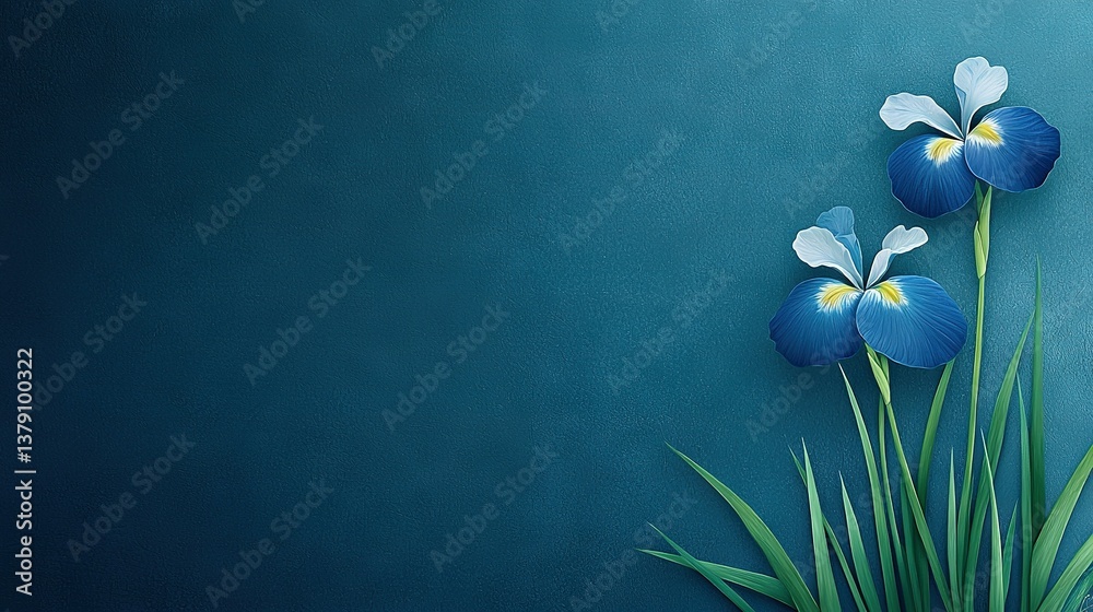 Naklejka premium Three blue flowers against a blue background with lush green grass and a prominent green plant in the foreground