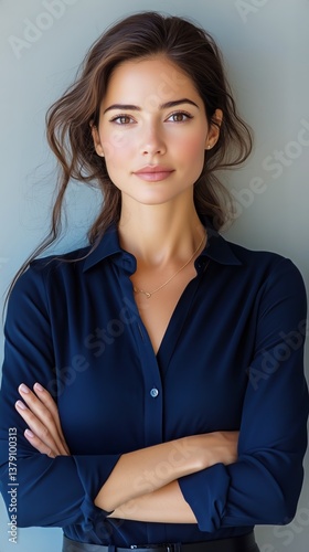 Confident Woman Posing With Arms Crossed Against a Light Background in a Styl...