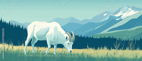 Wild mountain goat grazing on grassy meadow