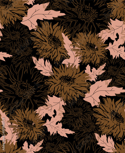 Boho seamless pattern in earth brown tones of autumn flowers of chrysanthemums. For textile design, package, home textile, fabric, wallpaper, bedding, clothes fabrics.