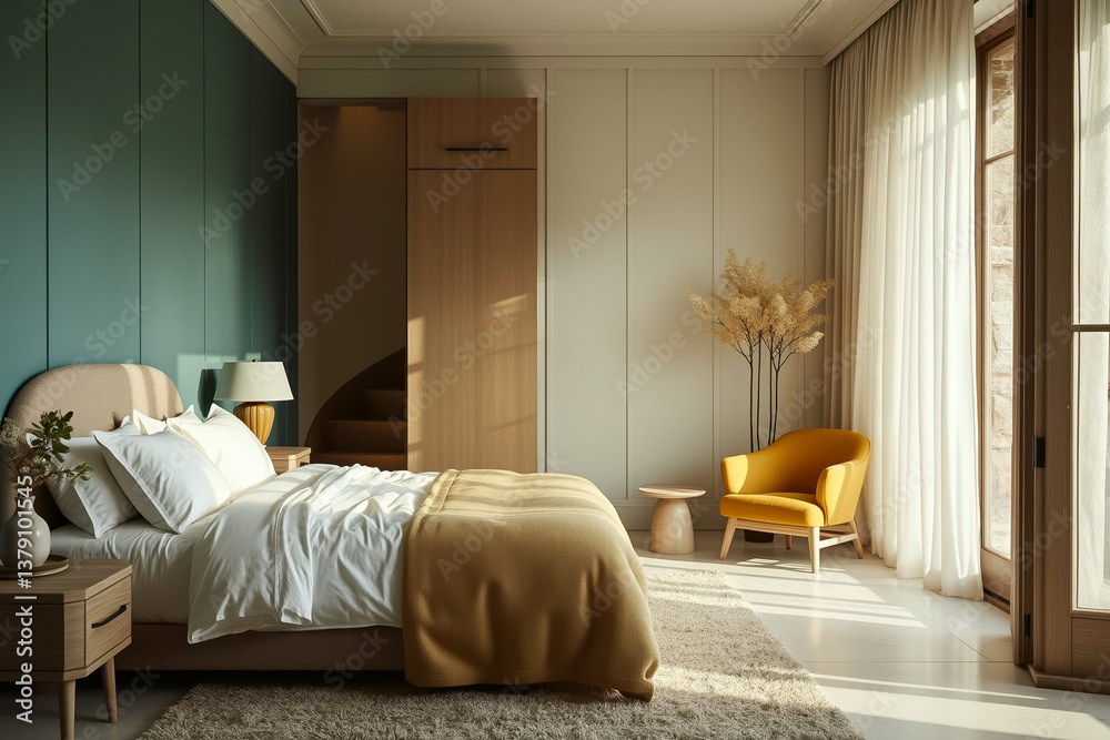 Obraz premium sunlit bedroom with mustard yellow throw and teal walls