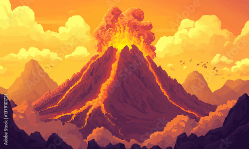 A large volcano hot lava and gases