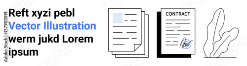 Stack of papers, signed contract, abstract plant element. Ideal for document workflow, digital signature, legal process, office productivity, remote work, data security simple landing page