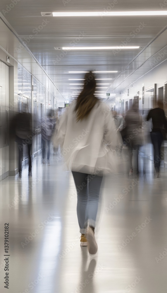Capturing the energy of a busy hospital a dynamic image of a person walking amidst crowds Capturing the energy of a busy hospital a dynamic image of a person walking amidst crowds