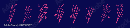 Pink outline Lightning drawn electric energy flash. Hand-sketched thunder bolt doodle icon. Flat vector illustration isolated