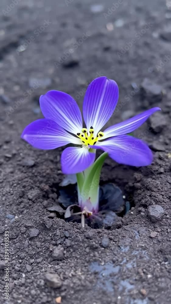 A green sprout breaks through the soil and turns into a beautiful purple flower A green sprout breaks through the soil and turns into a beautiful purple flower