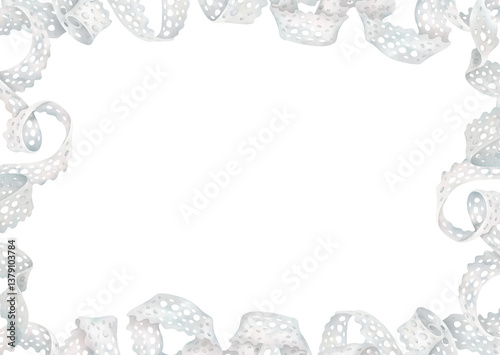 White crochet lace horizontal frame. Decorative curly ribbon composition in watercolor style. Sewing accessory clipart for greeting card design, wedding invitation