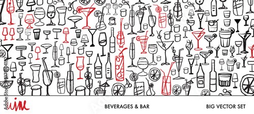 Isolated vector set of wine and alcoholic beverage glasses and tumblers. Hand drawn sketch.Red and black drawing on white background.Cocktails, martini, whiskey, cognac, vodka, gin tonic, beer, brandy