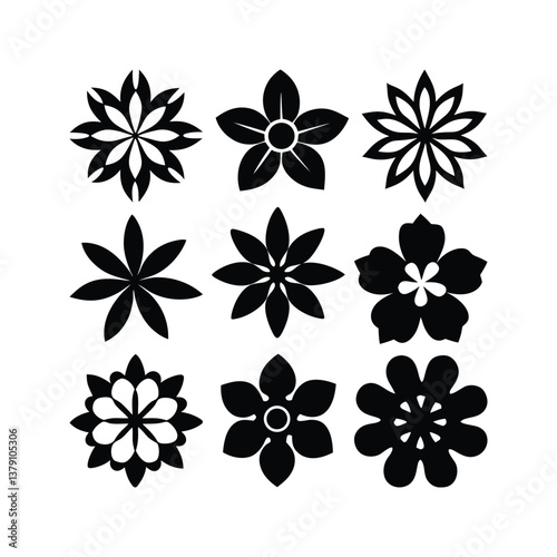 A collection of black and white floral silhouettes, each uniquely 2