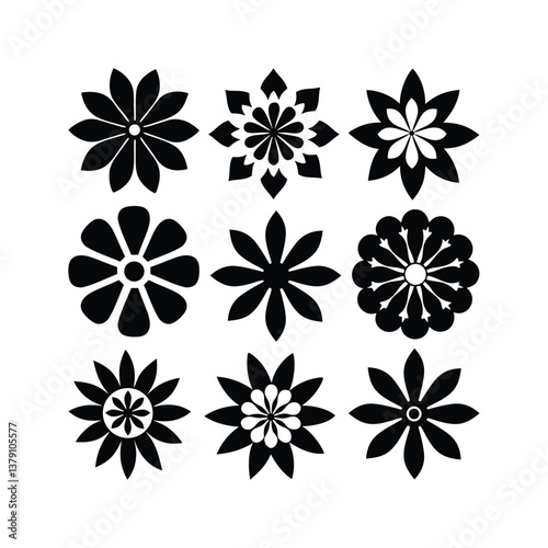 A collection of black and white floral silhouettes, each uniquely 3