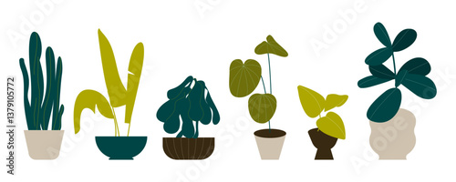 Potted home plants set. Abstract leaf houseplants, green interior decorations. Home and office decor growing in planters, house flowerpots. Flat vector illustrations isolated on white background.