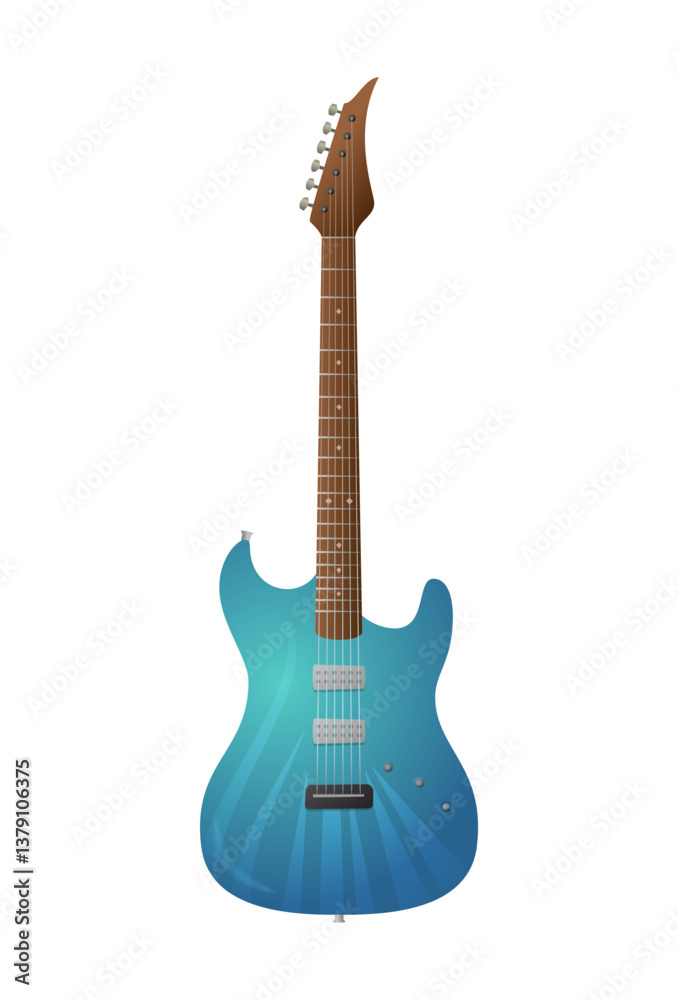 Obraz premium A stylish blue electric guitar with a sleek wooden neck and metallic pickups. Perfect for rock, jazz, and metal music themes. Isolated on a white background