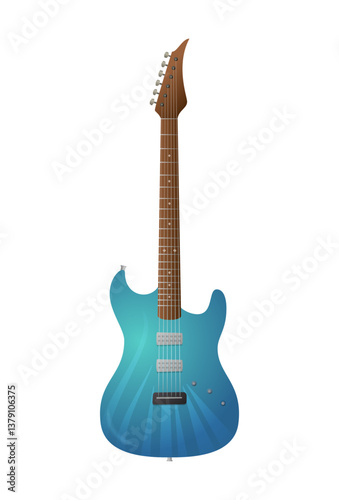 A stylish blue electric guitar with a sleek wooden neck and metallic pickups. Perfect for rock, jazz, and metal music themes. Isolated on a white background