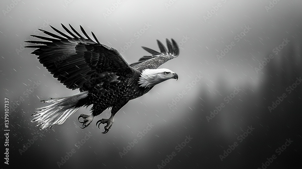 Naklejka premium A stunning black-and-white image captures a majestic bald eagle soaring gracefully through the sky, its wings fully extended