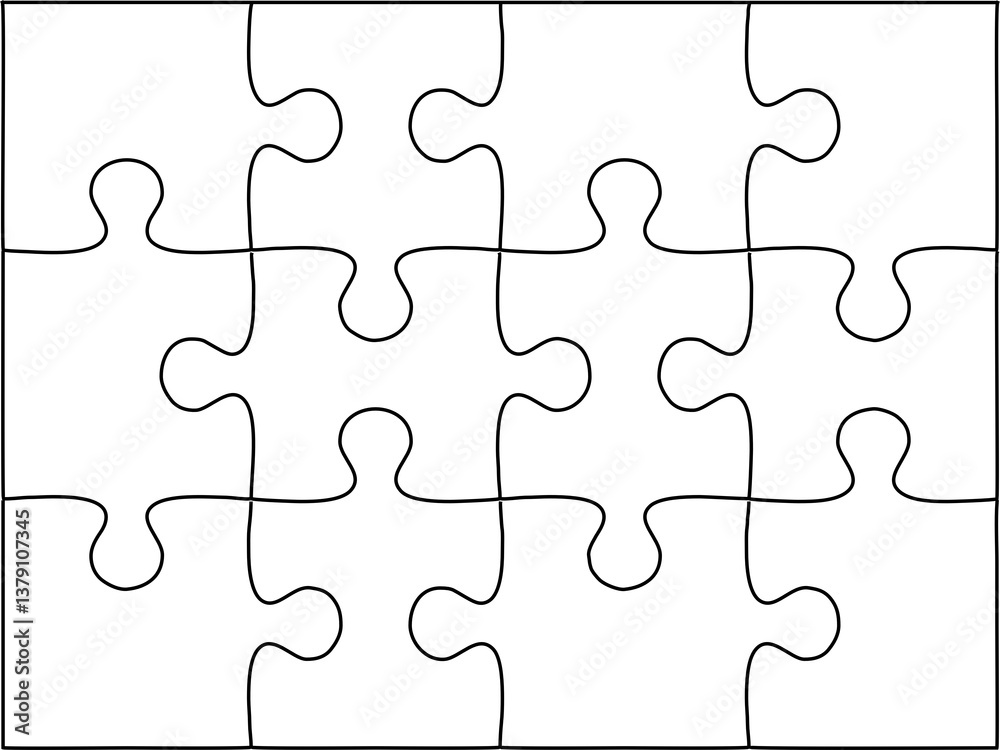 12-piece jigsaw puzzle template, transparent background, isolated PNG. 12-piece jigsaw puzzle template, transparent background, isolated PNG.