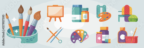 Vector illustration of art and DIY craft icons with paintbrushes, easels, and more