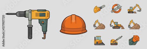 Vector illustration of mining and heavy industry icons, including a drill, hard hat, and excavation symbol