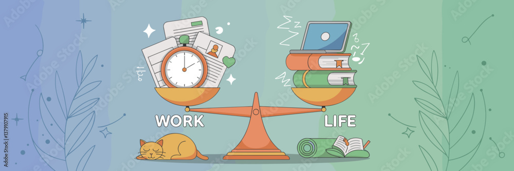 Balanced scale vector illustration representing work and life harmony. Balanced scale vector illustration representing work and life harmony.