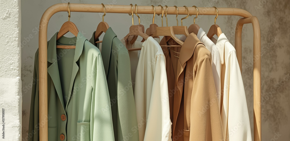 Obraz premium five earth-toned jackets displayed on a wooden clothing rack