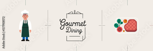 Minimalist vector icon set of gourmet dining featuring a chef, menu, and fine dining dish – Great for high-end restaurant branding, luxury food advertising, or hospitality marketing.