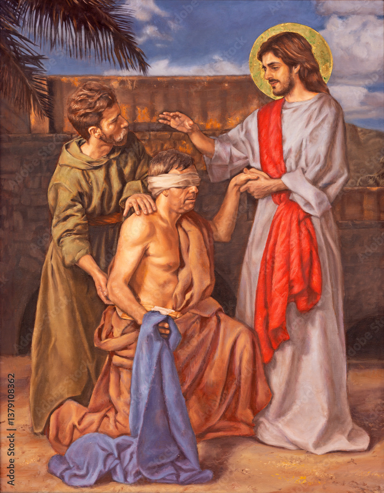 Fototapeta premium FLORENCE, ITALY - MARCH 21, 2025: The painting of Healing the man blind from birth in the church Chiesa di San Francesco by Masha Mugone 