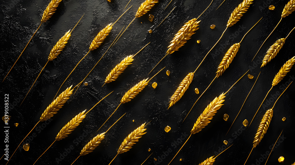 Obraz premium Golden Einkorn grains arranged in an artistic manner on a dark background, highlighting their unique shape and texture.