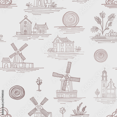 vector dutch windmill cottagecore pattern