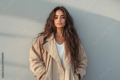 Woman with long wavy hair wearing a light jacket poses confidently against a soft gray background in natural light