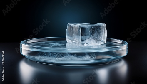 transparent ice salver ice block on a black background product pedestal