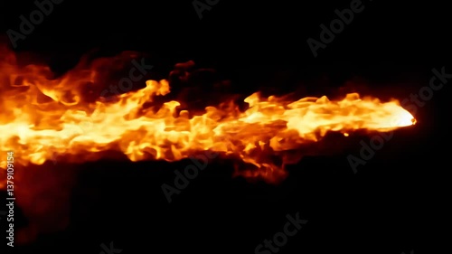 a bright stream of fire extending horizontally against a black background, intense flames captured mid-motion.
