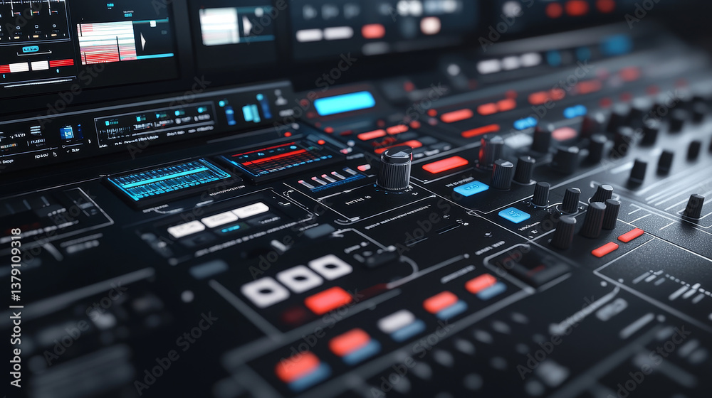 Modern Music Record Studio Control Desk with Laptop Screen Showing User Interface of Digital Audio Workstation Software. Equalizer, Mixer and Professional Equipment. Faders, Sliders. Record. Close-up Modern Music Record Studio Control Desk with Laptop Screen Showing User Interface of Digital Audio Workstation Software. Equalizer, Mixer and Professional Equipment. Faders, Sliders. Record. Close-up