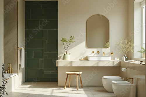 sunlit modern bathroom with olive green tile and gold accents