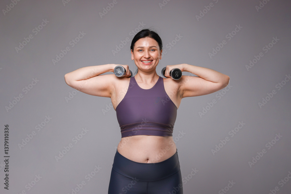Plus size woman in gym clothes doing exercise with dumbbells on grey background