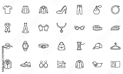A fashion-themed outline icon set featuring clothing, accessories, tailoring tools, and beauty essentials. Perfect for fashion designers, boutiques, and branding.


