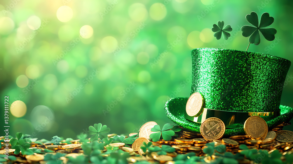 Naklejka premium Banner with shiny green hat, gold coins and clover leaves, st, patrick's day concept