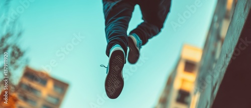 High action capture of a person leaping through the air against a backdrop of modern architecture, conveying energy and freedom in motion.