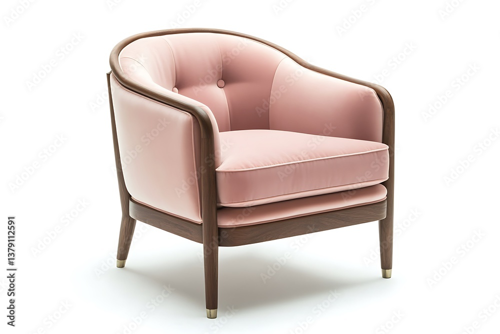 Fototapeta premium Sophisticated pastel blush lounge chair with a luxurious velvet finish and sturdy wooden frame, isolated on white.