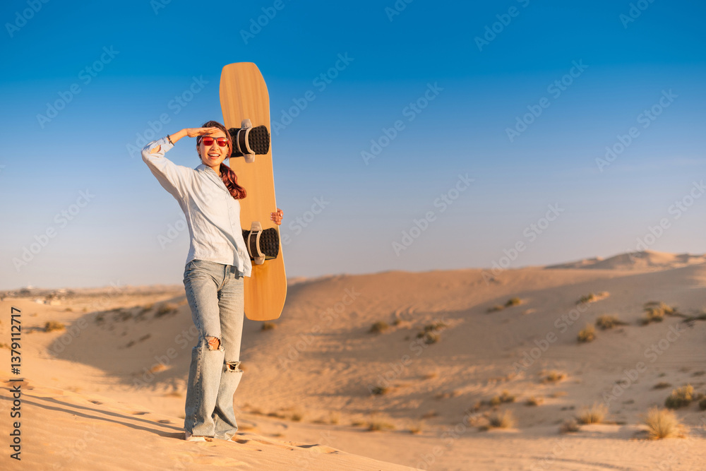 Young woman enjoying the thrill of sandboarding in the sun soaked desert of Dubai, United Arab Emirates, surrounded by stunning dunes