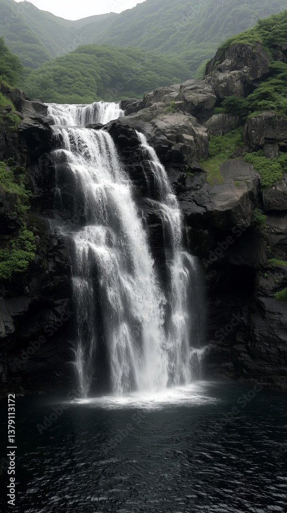 Obraz premium Majestic waterfall cascading over rocky cliff in serene forest landscape