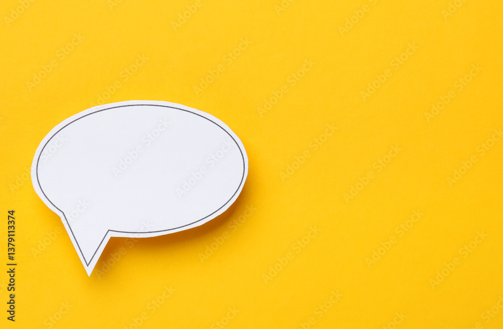 Blank speech bubble on yellow background, top view. Space for text