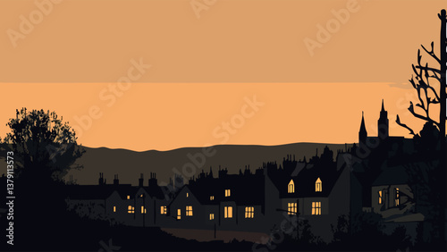Vibrant Scottish Highlands Skyline in Digital Illustration .eps