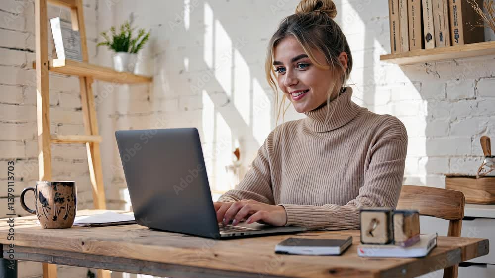 Smiling woman working from home on laptop in stylish cozy room with wood furniture and natural lighting.
