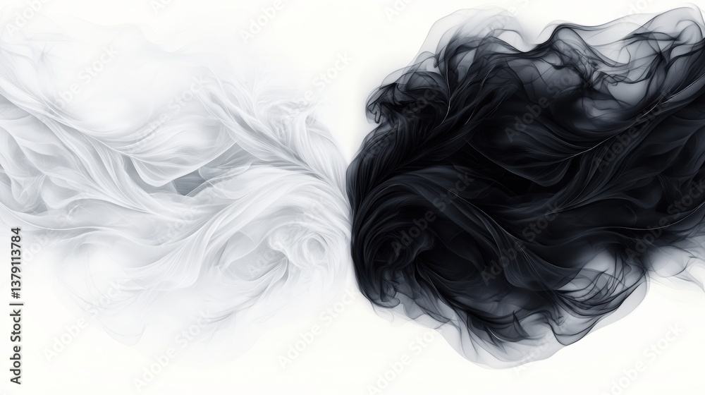 Fototapeta premium Abstract swirling black and white smoke shapes blending together in a soft flowing composition on white background