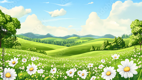 Beautiful spring landscape scene with rolling green hills