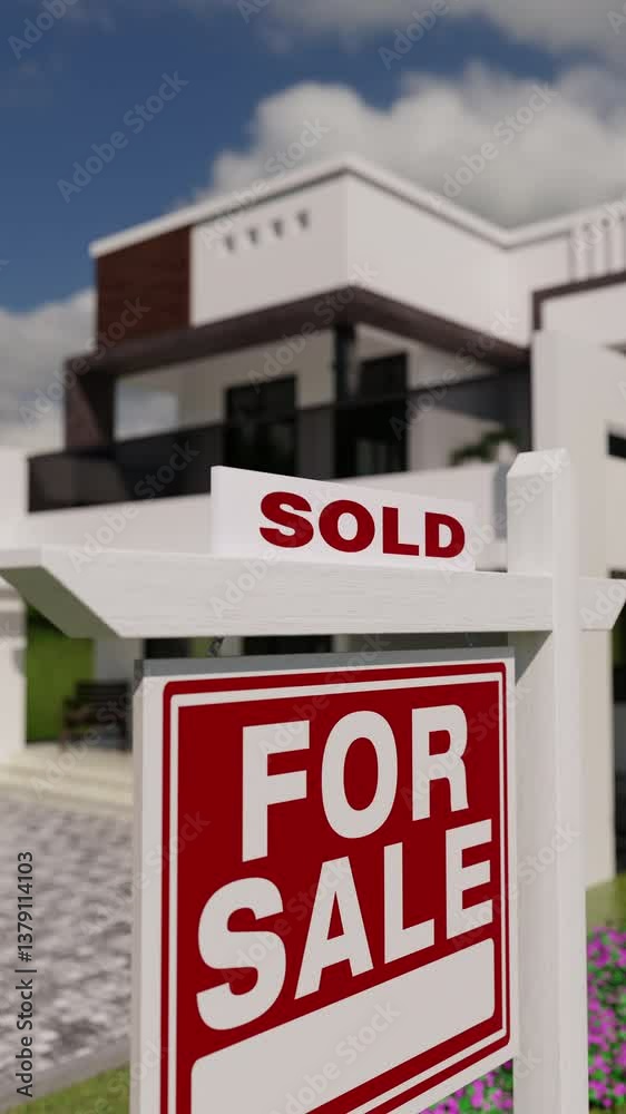 Vertical Zoom of Sold For Sale Real Estate Sign in Front of New Contemporary House.
Vertical Zoom of Sold For Sale Real Estate Sign in Front of New Contemporary House.