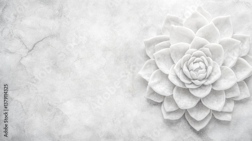 White marble lotus flower sculpture on light textured background, minimalist and elegant composition symbolizing purity and spiritual harmony
