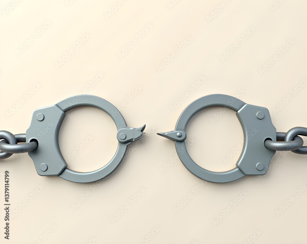 Open silver handcuffs with chain on neutral background, symbol of control and freedom. Open silver handcuffs with chain on neutral background, symbol of control and freedom.
