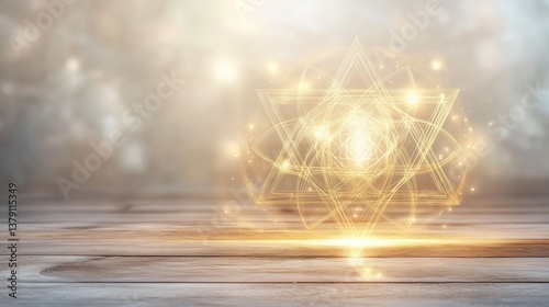 Glowing sacred geometric pattern floating above wooden surface with magical golden light and soft bokeh background