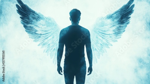 Silhouette of a man with large angel wings in blue mystical light, symbolizing strength, protection and transformation