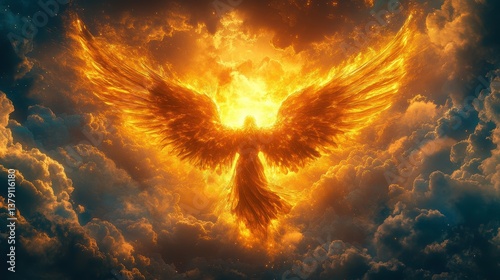 Majestic flaming angel with outstretched wings rising through glowing clouds, radiating divine power, light and spiritual energy in a dramatic celestial scene